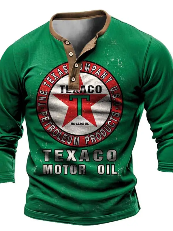 Men's Vintage Motor Oil Print Henley Collar Casual Long Sleeve T-shirt - Menbarn.com 