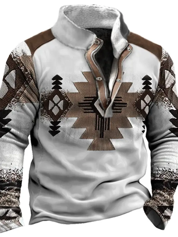 Men's Sweatshirt Outdoor Velvet Stand Collar Long Sleeve Ethnic Print - Pragmaace.com 