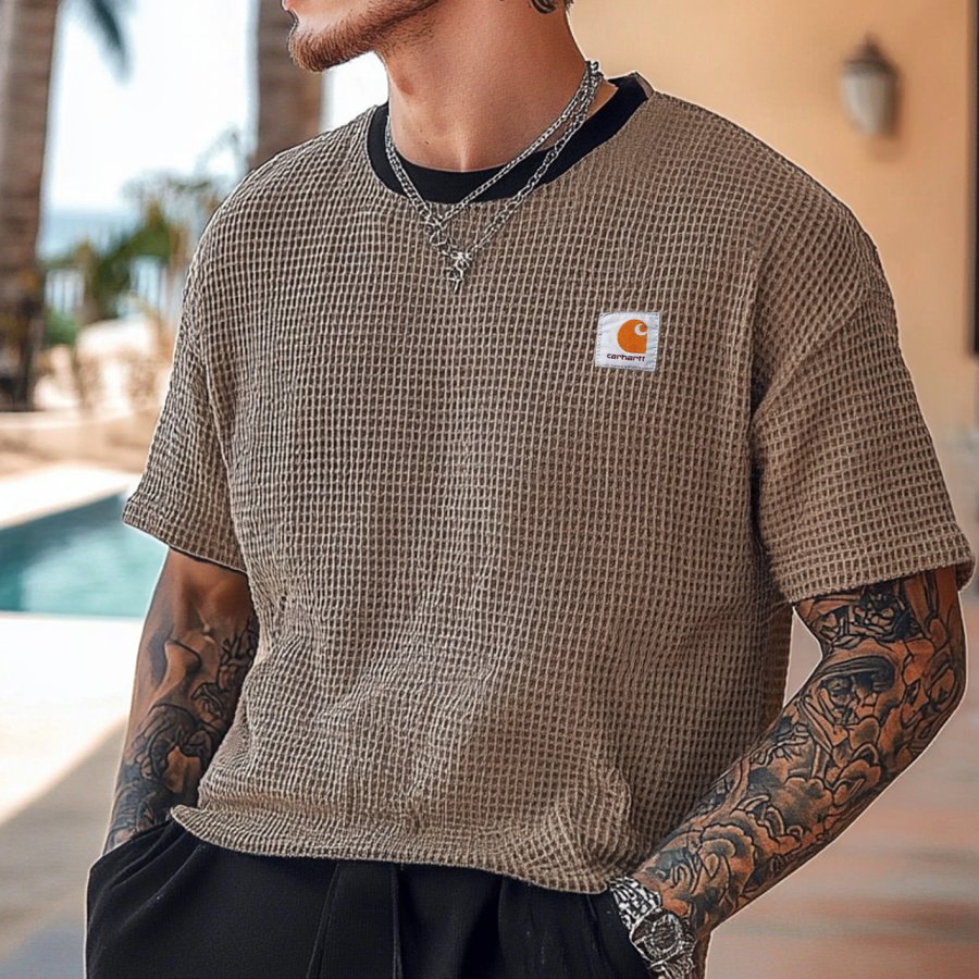 

Men's Vintage Waffle Fabric Knit Deep Camel Mesh T-Shirt - Perfect For Summer Outdoors