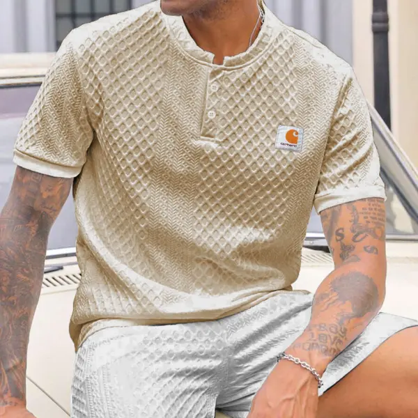 Men's Vintage Beige Textured Knit T-Shirt - Stylish And Comfortable For All Seasons - Yesunshine.com 