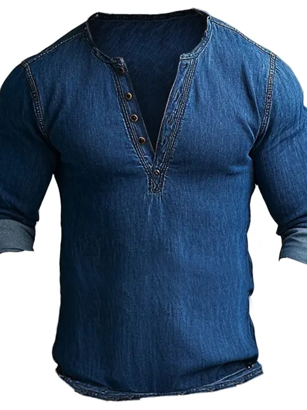 Men's Vintage Stylish Denim Henley T Shirt - Menbarn.com 
