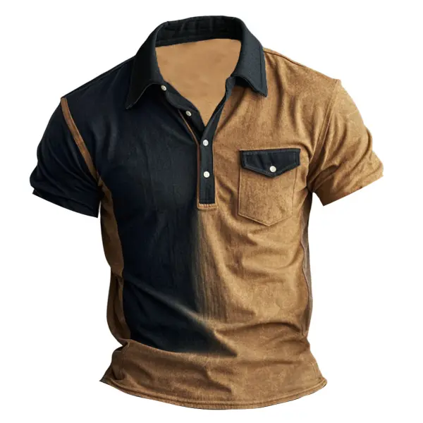 Men's Vintage Contrast Pocket Polo Collar Color Block Short Sleeve T-shirt - Cotosen.com 
