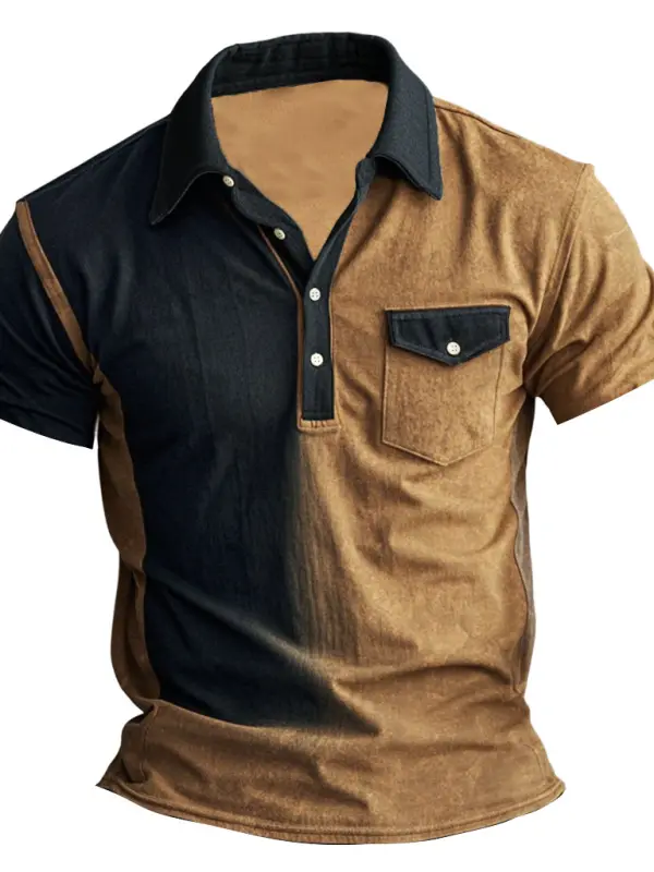Men's Vintage Contrast Pocket Polo Collar Color Block Short Sleeve T-shirt - Menbarn.com 