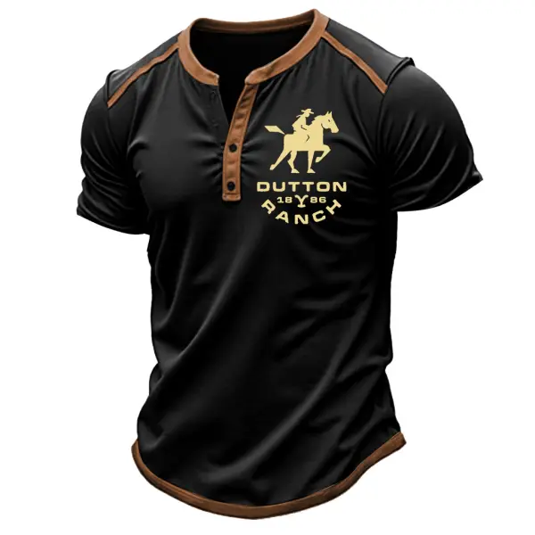 Men's Vintage Yellowstone Dutton Ranch Cowboy Riding Henley Contrast Color Short Sleeve T-shirt - Anurvogel.com 