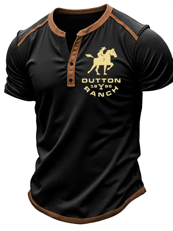 Men's Vintage Yellowstone Dutton Ranch Cowboy Riding Henley Contrast Color Short Sleeve T-shirt - Menbarn.com 