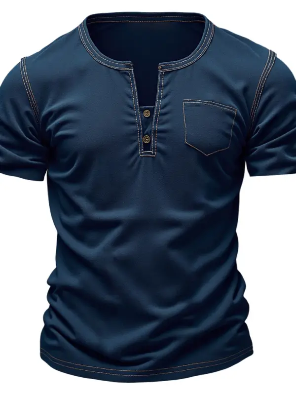 Men's Vintage Chest Pocket Henley Short Sleeve T-Shirt - Menbarn.com 