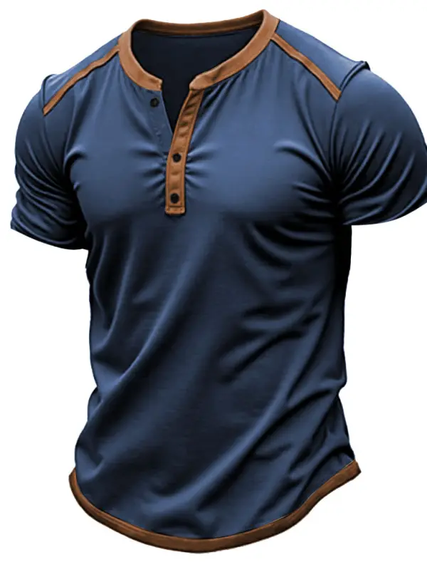 Men's Vintage Henley Contrast Color Short Sleeve T-shirt - Menbarn.com 