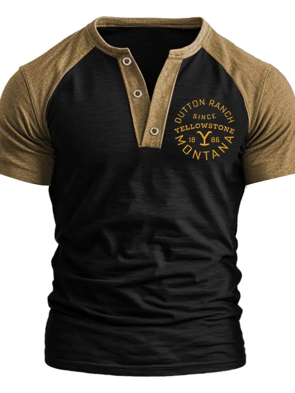 Men's Vintage Yellowstone Dutton Ranch Montana Henley Color Block Short Sleeve T-shirt - Menbarn.com 