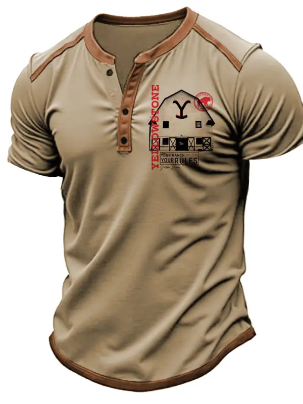 Men's Vintage Yellowstone Your Ranch Your Rules Henley Contrast Color Short Sleeve T-shirt - Menbarn.com 