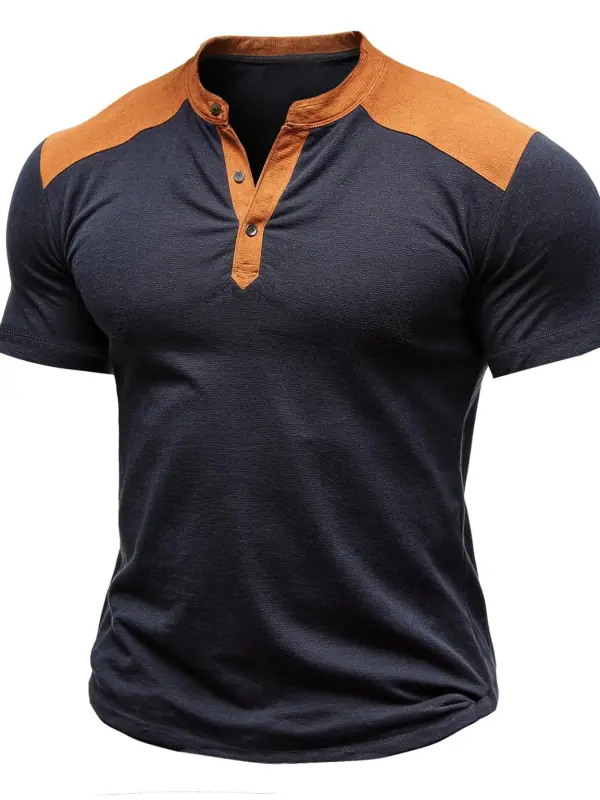 Men's Vintage Contrast Stitching Henley Short Sleeve T-shirt - Menbarn.com 