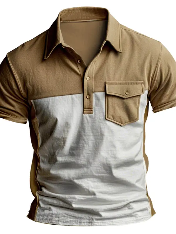 Men's Vintage Chest Pocket Polo Collar Color Block Short Sleeve T-shirt - Menbarn.com 