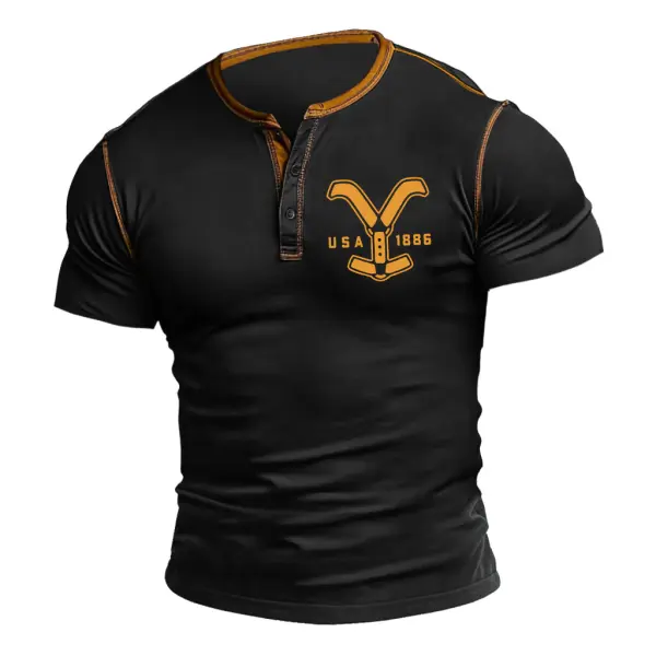 Men's Vintage Yellowstone USA 1886 Henley Contrast Stitching Short Sleeve T-shirt - Cotosen.com 