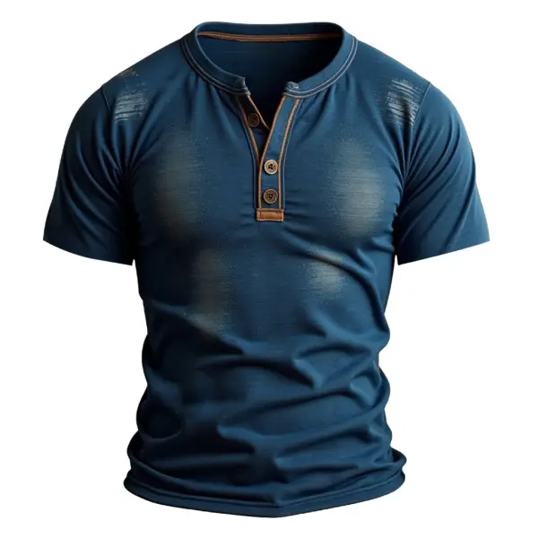 Men's Vintage Distressed Henley Contrast Stitching Short Sleeve T-shirt - Anurvogel.com 