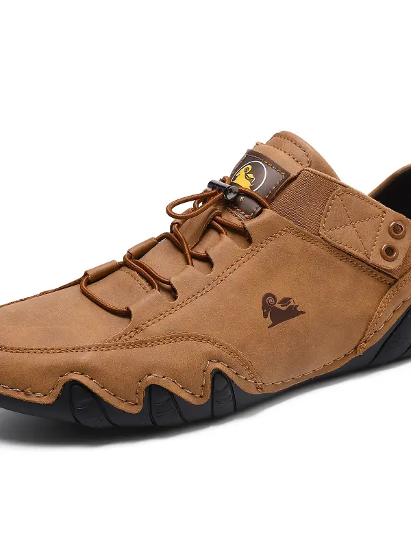 Men's Outdoor Leather High-Top Sneakers With Unique Ram Logo - Menbarn.com 