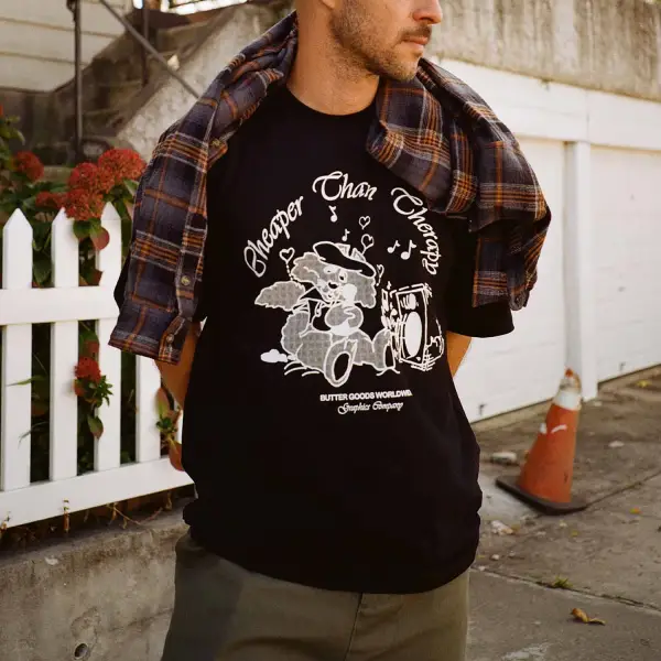Men's Vintage Karaoke Cheaper Chan Print Streetwear Casual Round Neck Short Sleeve T-Shirt - Zivinfo.com 