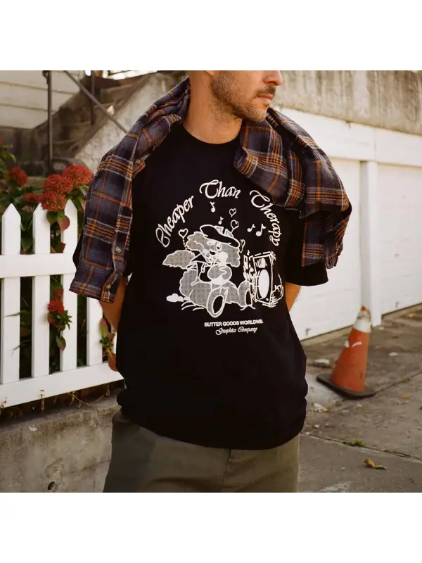 Men's Vintage Karaoke Cheaper Chan Print Streetwear Casual Round Neck Short Sleeve T-Shirt - Ootdmw.com 