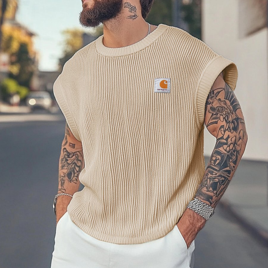 

Men's Vintage Sleeveless Knit Sweater - Beige Ribbed Texture For Casual Elegance