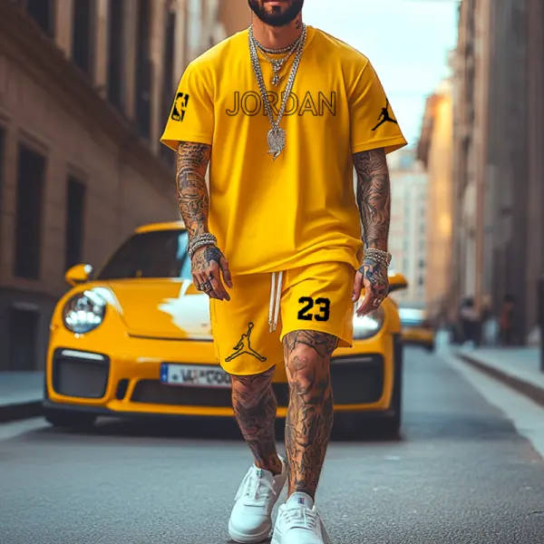 Men's Jordan Print Yellow T-shirt And Shorts Set - Upgradecool.com 