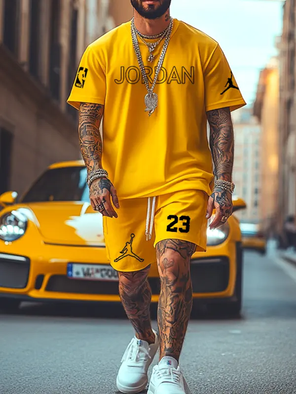 Men's Jordan Print Yellow T-shirt And Shorts Set - Pragmaace.com 