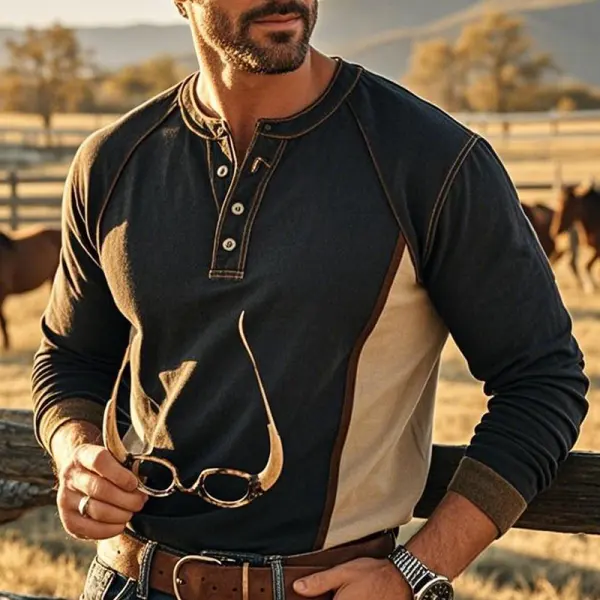 Men's Retro Western Style Patchwork Color Block Henley Long Sleeves T Shirt - Menzfolk.com 