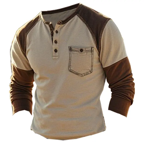 Men's Retro Patchwork Pocket Long Sleeves Henley T Shirt With Contrast Sleeves Only $25.99 - Cotosen.com 