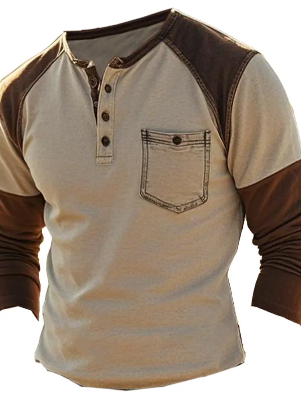 Men's Retro Patchwork Pocket Long Sleeves Henley T Shirt With Contrast Sleeves Only $25.99 - Menbarn.com 