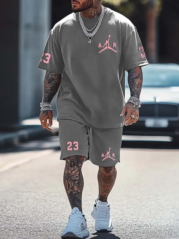 Jordan Basketball Print Oversized Streetwear Gray T-shirt And Shorts Set - Pragmaace.com 