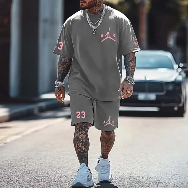 Unisex Basketball Print Oversized Streetwear Gray Short-Sleeved T-shirt And Shorts Set - Ootdyouth.com 