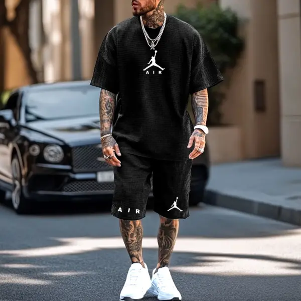 Unisex Waffle Knit Basketball Print Oversized Streetwear Black Short-Sleeved T-shirt And Shorts Set - Spiretime.com 
