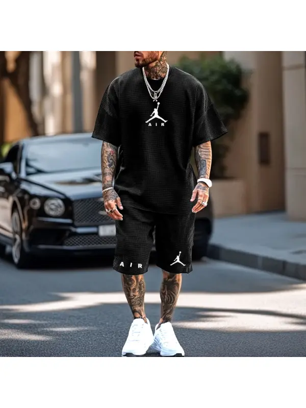 Unisex Waffle Knit Basketball Print Oversized Streetwear Black Short-Sleeved T-shirt And Shorts Set - Ootdmw.com 