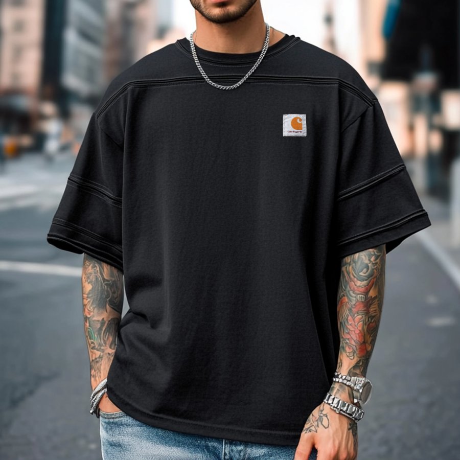 

Men's Carhartt Vintage Black Loose Horizontal Cut Designs Short Sleeve Casual T-shirt