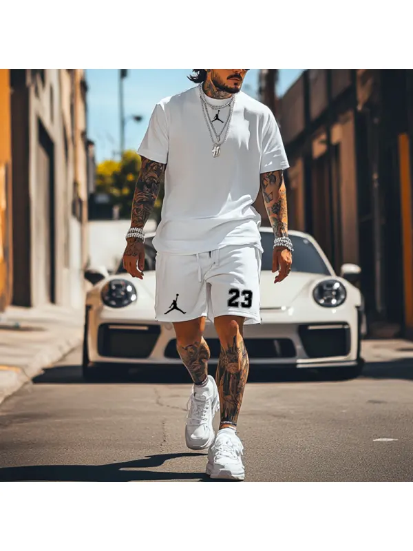 Unisex Basketball Print Streetwear White Short-Sleeved T-shirt And Shorts Set - Ootdmw.com 