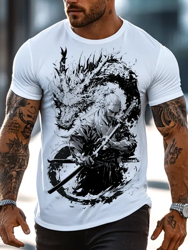 Men's Warrior Ink Samurai Dragon Graphic T-Shirt - Menwyx.com 