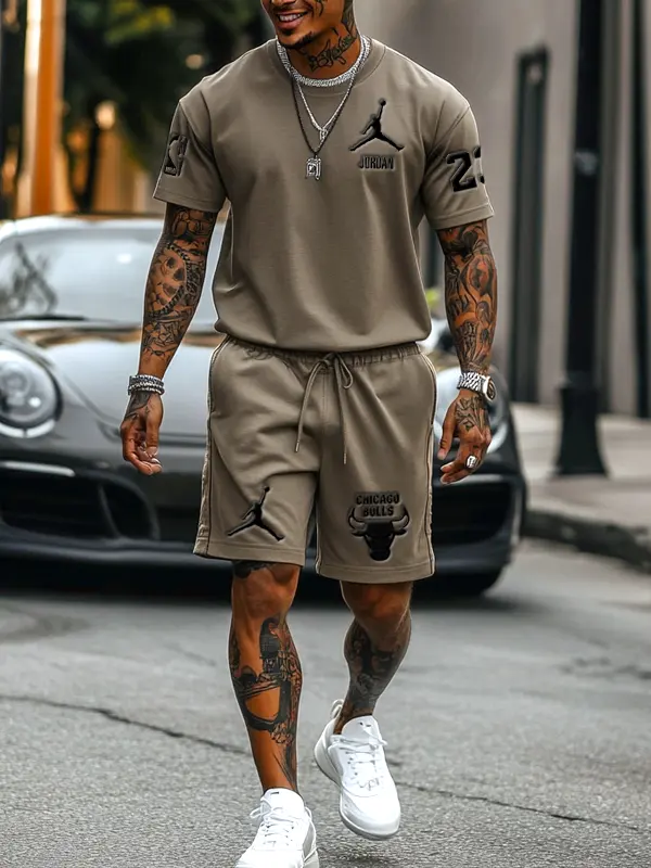 Men's Jordan Print Streetwear Khaki T-shirt And Shorts Set - Wantbright.com 