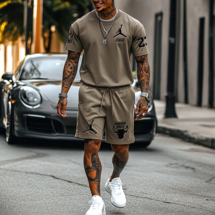 

Unisex Basketball Print Streetwear Khaki T-shirt And Shorts Set