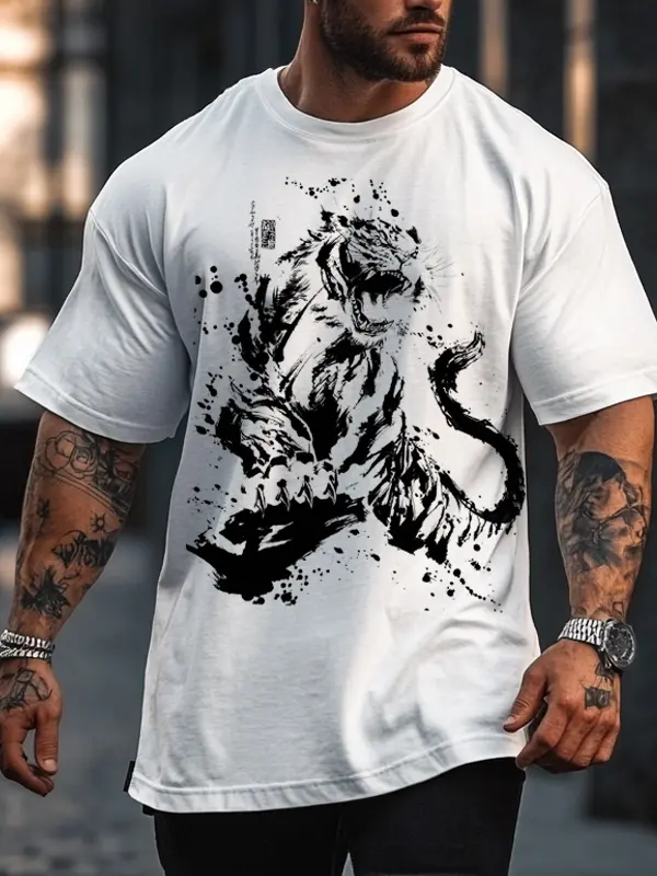 Men's Ink Painting Bold Tiger Graphic T-Shirt - Simplyion.com 