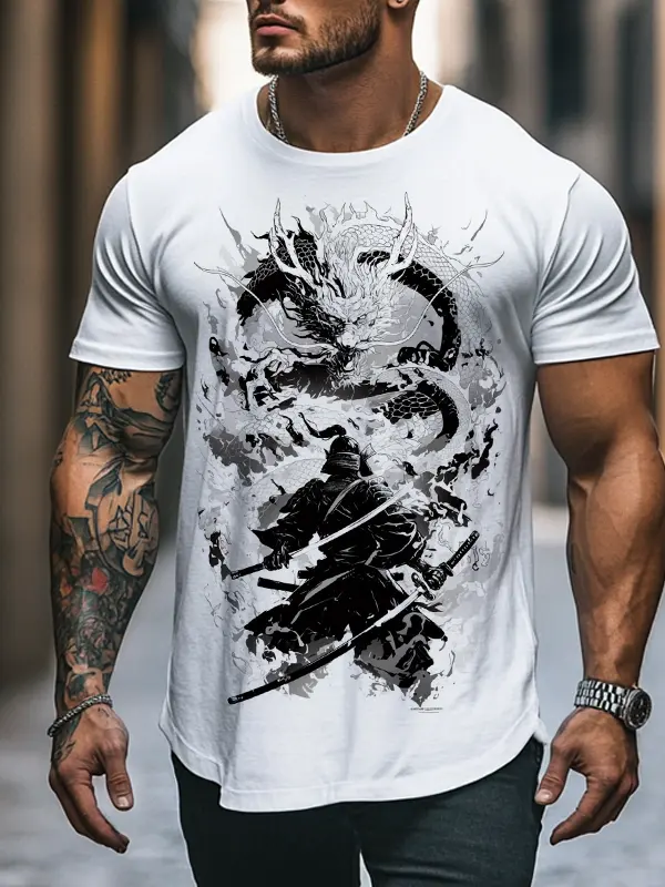 Men's Warrior Ink Samurai Dragon Graphic T-Shirt - Simplyion.com 