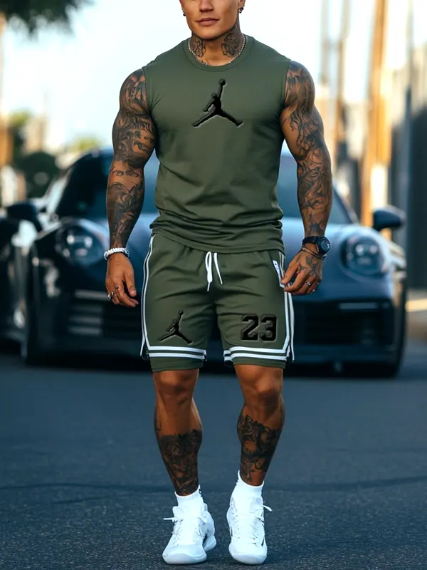 Unisex Basketball Print Inspired Olive Green Tank Top And Stripes Splicing Inner Pants Set - Pragmaace.com 