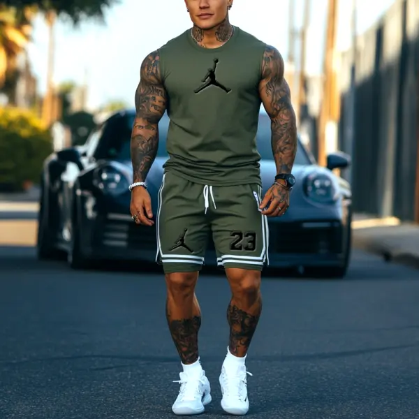Unisex Basketball Print Inspired Olive Green Tank Top And Stripes Splicing Inner Pants Set - Zivinfo.com 