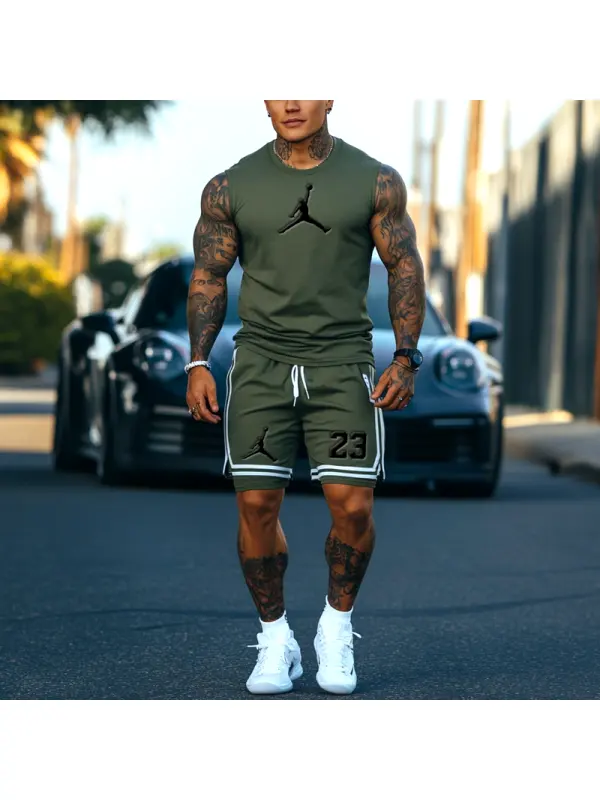Unisex Basketball Print Inspired Olive Green Tank Top And Stripes Splicing Inner Pants Set - Ootdmw.com 