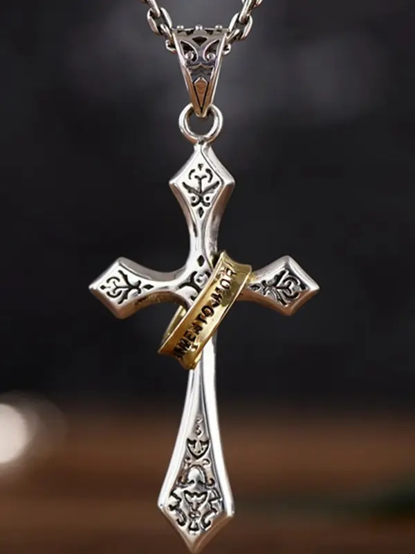 Elegant Cross Pendant Necklace With Gold Inlay - Menbarn.com 