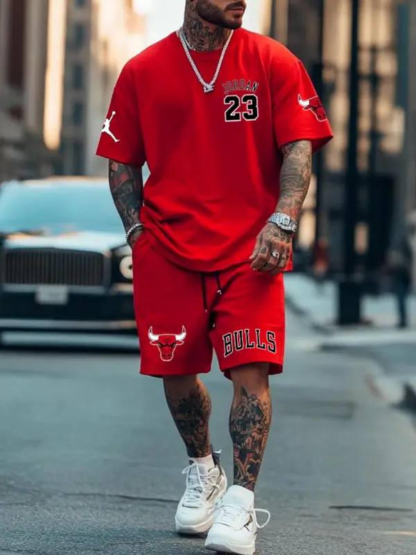 Unisex Basketball Print Oversized Streetwear Red Short-Sleeved T-shirt And Shorts Set Only $39.99 - Pragmaace.com 