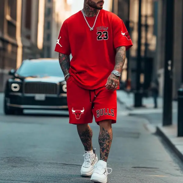 Unisex Basketball Print Oversized Streetwear Red Short-Sleeved T-shirt And Shorts Set - Spiretime.com 
