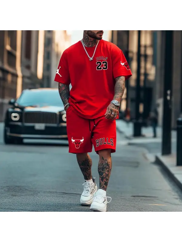 Unisex Basketball Print Oversized Streetwear Red Short-Sleeved T-shirt And Shorts Set - Ootdmw.com 