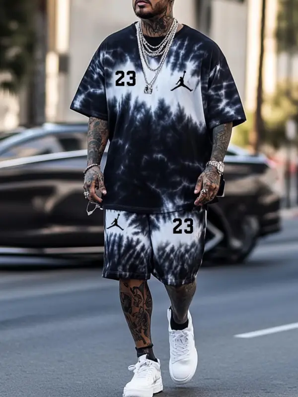 Unisex Black And White Tie-Dye Basketball Print Oversized Streetwear Short-Sleeved T-shirt And Shorts Set - Pragmaace.com 