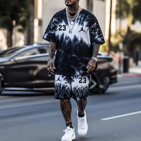 Unisex Black And White Tie-Dye Basketball Print Oversized Streetwear Short-Sleeved T-shirt And Shorts Set - Ootdyouth.com 