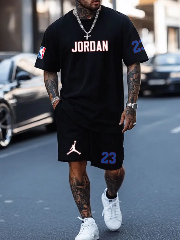 Unisex Basketball Print Oversized Streetwear Black Short-Sleeved T-shirt And Shorts Set - Pragmaace.com 