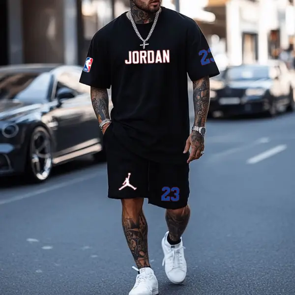 Unisex Basketball Print Oversized Streetwear Black Short-Sleeved T-shirt And Shorts Set - Spiretime.com 