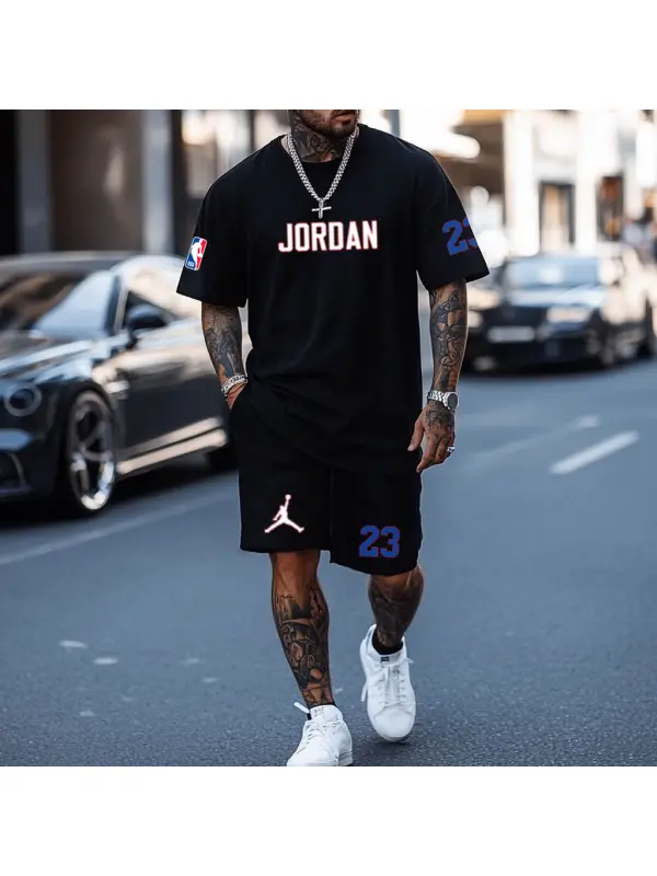 Unisex Basketball Print Oversized Streetwear Black Short-Sleeved T-shirt And Shorts Set - Anrider.com 