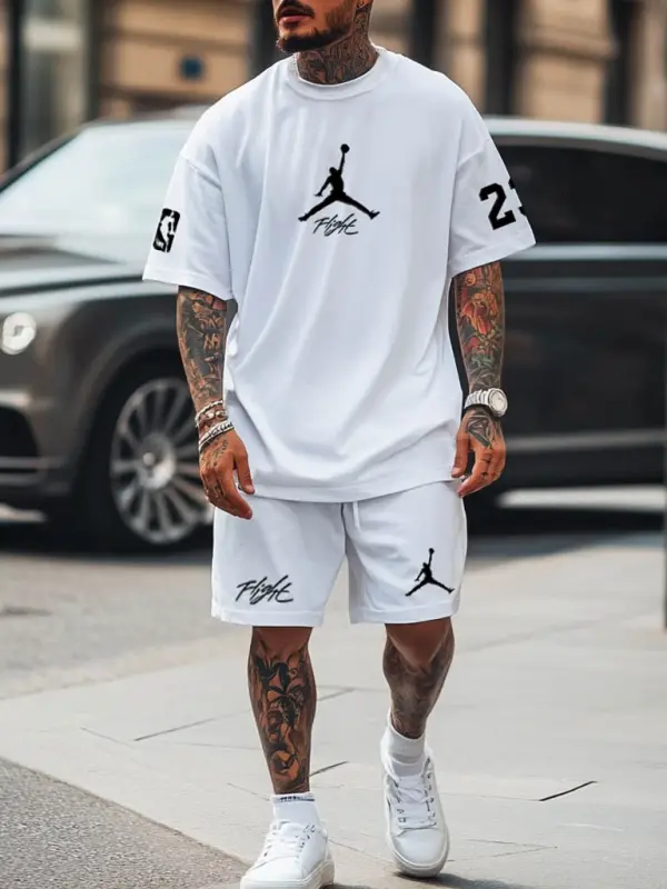 Unisex Basketball Fight Print Oversized Streetwear White Short-Sleeved T-shirt And Shorts Set - Pragmaace.com 